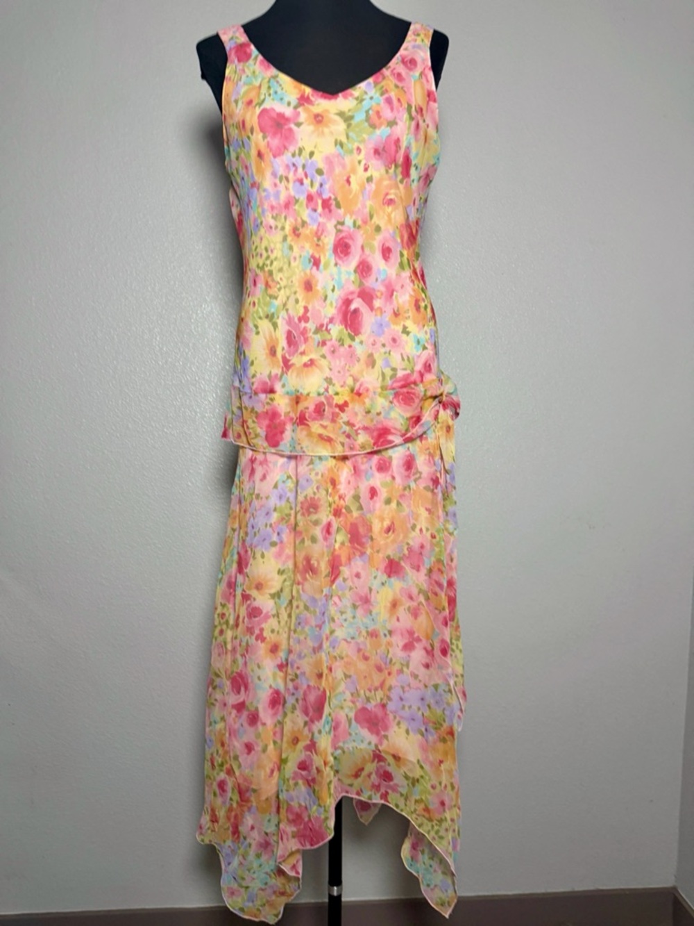 Ronni Nicole Floral Chiffon Midi Dress 12 Pastel Watercolor Asymmetrical Hem